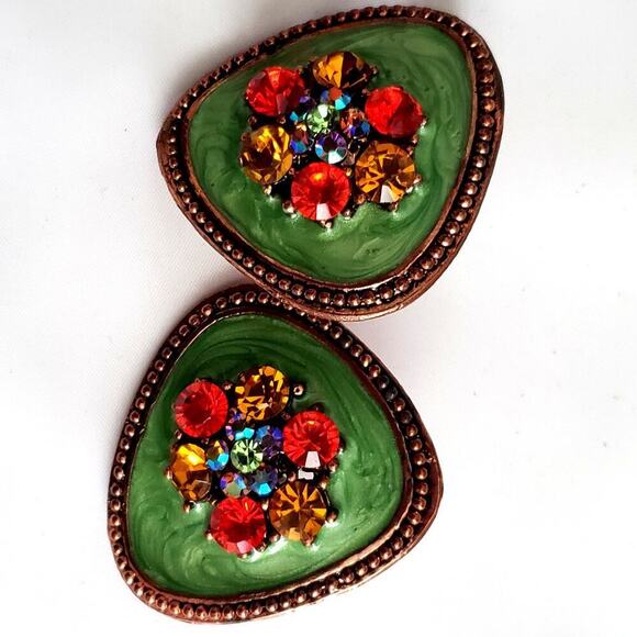 Vintage Copper Necklace & Earrings with Green Enamel and Colorful Rhinestones - Picture 4 of 8